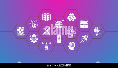Creative banner with outline icons. Innovation, startup, artwork, project, idea horizontal promotion illustration. Stock Vector