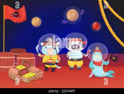 Cartoon pirates animals on deck of ship flat vector illustration. Seal and cats standing with knife and blackjack next to treasure. Starry night sky, Stock Vector