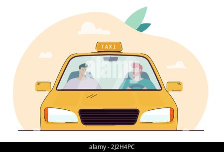 Cartoon taxi driver talking to passenger behind windscreen. Male characters driving in yellow car flat vector illustration. Taxi service, transportati Stock Vector