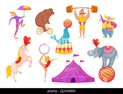 Circus characters and animals vector illustration. Clown, acrobat, gymnast with hoop, strongman, tamer, riding on bike bear cartoon pictures isolated Stock Vector