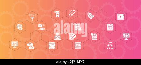 SEO vector illustration. Bookmark, Hosting, Hyperlink, Advertisement, Data Transfer banner concept for website design or landing web page. Stock Vector