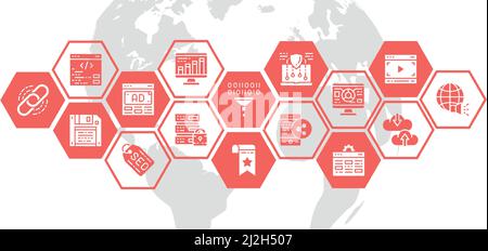 SEO web banner with icon set. Bookmark, Hosting, Hyperlink, Advertisement, Data Transfer illustration concept for business webpage, financial banner. Stock Vector