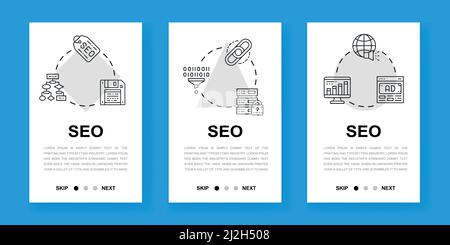 SEO vertical app screens. Web site design illustration. Bookmark, Hyperlink, Advertisement, Data Transfer mobile banners for website development. Stock Vector