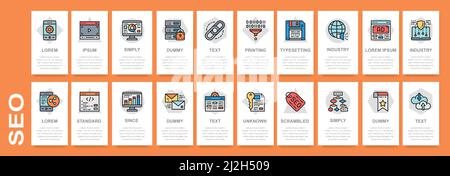 SEO mobile screens set. Bookmark, Hosting, Hyperlink, Advertisement, Data banner template for website and mobile development. Mobile app screens. Stock Vector