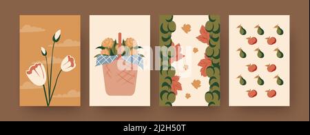 Collection of contemporary posters with basket of flowers. Tulips, grapes, pears and apples cartoon vector illustrations. Picnic, summer concept for d Stock Vector