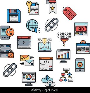 SEO icons set. Bookmark, Hosting, Hyperlink, Advertisement, Data Transfer icons banner in a circle isolated on white background. Stock Vector