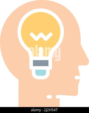 Vector head with lamp, idea generation, knowledge white line icon. Stock Vector