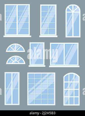 Colorful set of windows cartoon vector illustration. Different types of transparent windows with white frames and blue glass. Building, architecture, Stock Vector