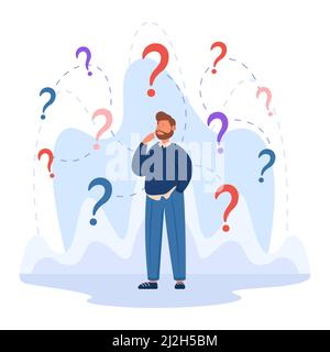 Confused business character making important decision. Man with questions, different options, making choice flat vector illustration. Goal, success, s Stock Vector