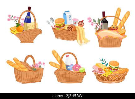 Colorful set of picnic baskets full of delicious food. Cartoon vector illustration. Wicker baskets with cheese, wine, baguettes, sweets, burgers, milk Stock Vector