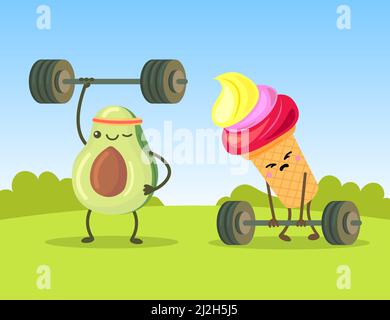 Cute avocado and ice cream characters exercising with dumbbells. Sad cartoon confection trying to lift bars on lawn flat vector illustration. Strength Stock Vector