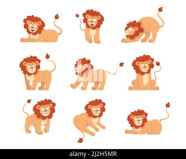 Cute lion cartoon character vector illustrations set. Collection of drawings of animal king, wild feline with orange mane and tail for children isolat Stock Vector