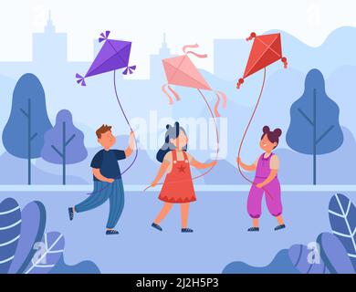 Cute kids walking with kites in park. Boy and girls flying air or wind toys on strings flat vector illustration. Outdoor activity, childhood concept f Stock Vector