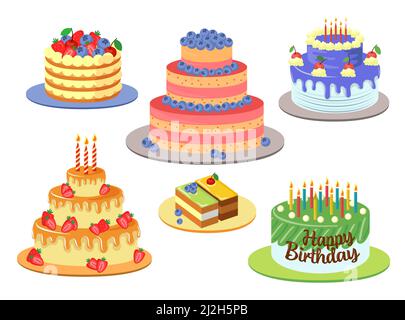 Different elegant birthday cakes vector illustrations set. Designs of chocolate cakes with decor, icing, cherries and candles isolated on white backgr Stock Vector