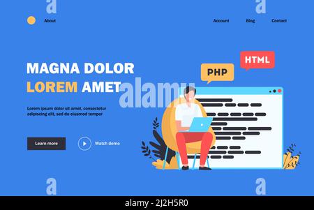 Developer writing code for website. Laptop, computer, designer flat vector illustration. Coding and programming concept for banner, website design or Stock Vector