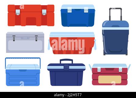 Different iceboxes vector illustrations set. Collection of ice chests or coolers for food, containers or portable refrigerators  isolated on white bac Stock Vector