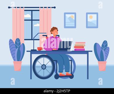 Disabled man in wheelchair working at computer at home. Male invalid in cozy workplace flat vector illustration. Accessibility, remote work concept fo Stock Vector