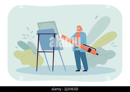 Female cartoon designer drawing on canvas with huge pen. Woman in glasses making sketch on easel flat vector illustration. Art, creativity, job concep Stock Vector