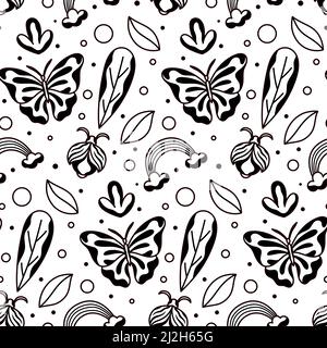 Black and White Hand Drawn Butterfly Vector Seamless Pattern Stock Vector