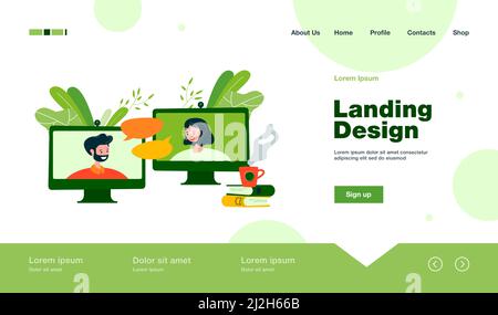 Friends or colleagues talking on video call. Man and woman chatting through screens flat vector illustration. Online meeting, video conference concept Stock Vector