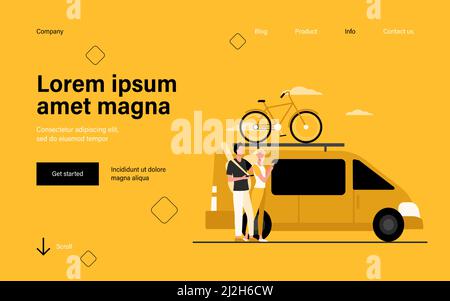 Group of active tourists gathering at vehicle. Minivan with bike on top moving flat vector illustration. Outdoor activity, adventure travel concept fo Stock Vector