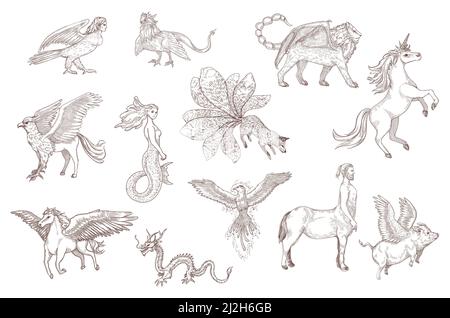 Hand drawn sketch of fantastic beasts from ancient myths. Chinese dragon, Pegasus, unicorn, griffin, harpy, mermaid, isolated on white background engr Stock Vector