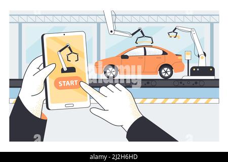 Hand holding phone and using app for remote control of machine. Engineer fitting up machine using wireless technology. Factory, production process, in Stock Vector