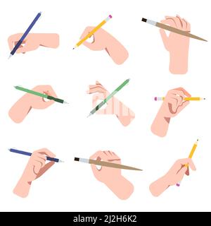 Hands holding pens, pencils and brushes vector illustrations set. Arms of persons with different writing or drawing tools isolated on white background Stock Vector