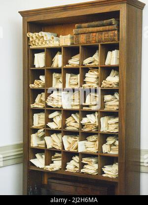 Letter and mail cubby in President James Madison's home office. Montpelier, Virginia. Colonial furniture. Author of the US Constitution. Work study. Stock Photo