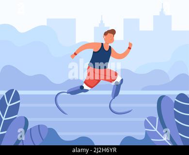 Happy disabled athlete running in park. Runner with prosthetic legs jogging outdoors flat vector illustration. Disability, healthy lifestyle concept f Stock Vector