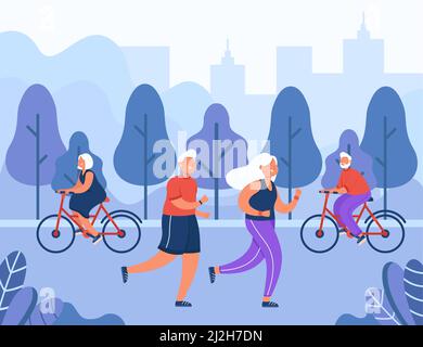 Happy old people doing sport in city park. Flat vector illustration. Active elderly men and women exercising outdoors, riding bikes, jogging. Healthy Stock Vector