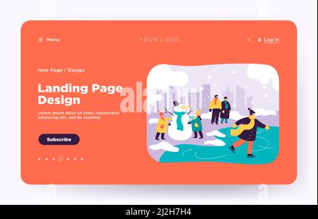 Happy people walking and having fun in winter park isolated flat vector illustration. Cartoon kids making snowman, guy skating. Winter activities and Stock Vector