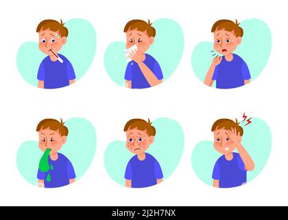Ill boy with flu or cold flat vector illustrations set. Cartoon kid with symptoms of grippe, allergy or influenza, cough, nausea, fever, skin rash iso