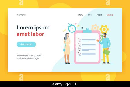 Managers with task list. Employees standing at checklist and timer, making thumb up flat vector illustration. Time management, planning concept for ba Stock Vector