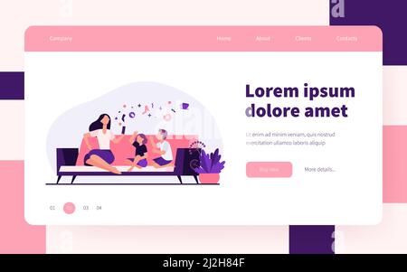 Mother sitting on sofa with kids and using smartphone. Couch, online, leisure flat vector illustration. Family and digital technology concept for bann Stock Vector