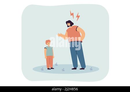 Mother reproaching upset kid flat vector illustration. Angry woman punishing naughty son, scolding child. Family, conflict, parenting, argument, viole Stock Vector