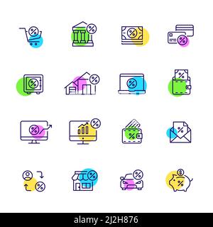 Set of finance and wealth icons. Online shopping, banking services, mortgage and savings. Pixel perfect, editable stroke Stock Vector