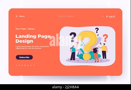 Pensive people asking frequently asked questions isolated flat vector illustration. Cartoon tiny characters standing near huge question mark. Help and Stock Vector