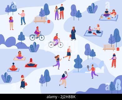 People doing different activities in park in summer. Woman and kid having picnic, children playing tennis, doing yoga and riding bicycle flat vector i Stock Vector