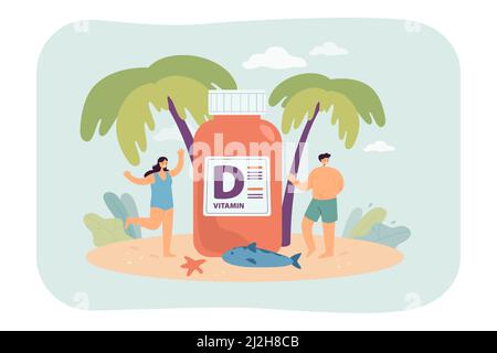 People on beach with huge vitamin D supplement. Sun and nutrients for good skin flat vector illustration. Health, pharmacy, deficiency concept for ban Stock Vector