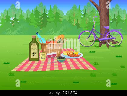 Picnic food on grass in park cartoon illustration. Straw basket with olives, wine, sausages on blanket. Forest, bike in background. Summer, outdoor di Stock Vector