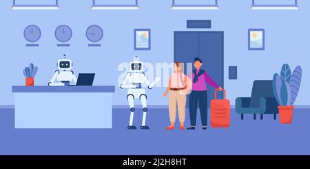 Robotic cartoon porter helping guests to elevator in hotel. Robot receptionist sitting at desk, lobby interior flat vector illustration. Modern robots Stock Vector