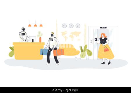Robotic receptionists meeting guest at hotel. Flat vector illustration. Girl taking pictures of robotic hotel staff on phone, near elevator. Technolog Stock Vector
