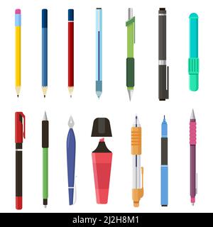 School pens and pencils set. Vector illustrations of stationery. Cartoon collection of marker, pencil with rubber, ballpoint, ink pen isolated on whit Stock Vector