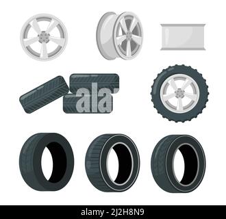 Set of car tires and wheels. Cartoon vector illustration. Car wheel and discs with different tread patterns in front and sight view. Automotive, truck Stock Vector