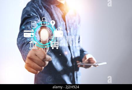 Futuristic Digital Processing of Biometric Identification Fingerprint Scanner for Online Trading Personal Financial Data Access Digital Program Securi Stock Photo