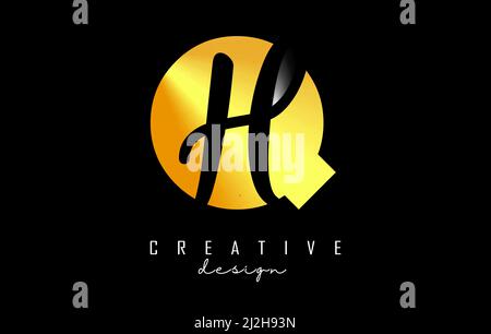 Golden Letters QH logo with a minimalist design. Letters Q and H with geometric and handwritten typography. Creative Vector Illustration with letters. Stock Vector