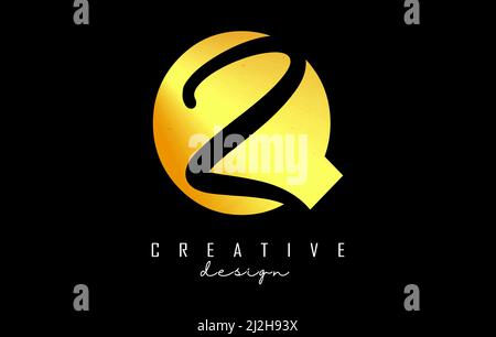 Golden Letters QZ logo with a minimalist design. Letters Q and Z with geometric and handwritten typography. Creative Vector Illustration with letters. Stock Vector