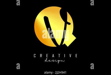 Golden Letters QV logo with a minimalist design. Letters Q and V with geometric and handwritten typography. Creative Vector Illustration with letters. Stock Vector