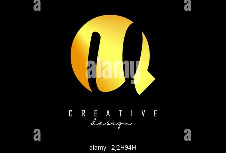 Golden Letters QU logo with a minimalist design. Letters Q and U with geometric and handwritten typography. Creative Vector Illustration with letters. Stock Vector